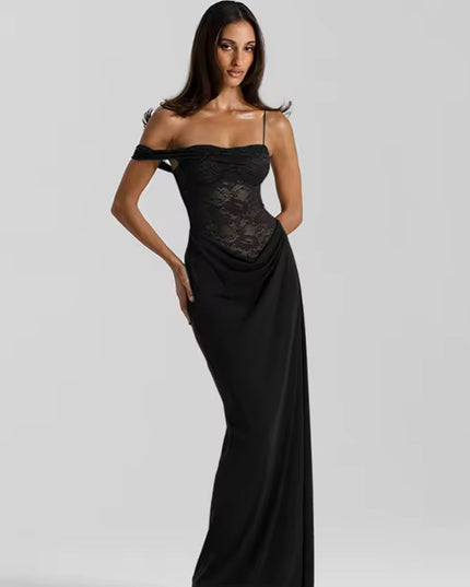 Front view of a woman posing in a black off-shoulder lace corset maxi dress, for formal occasions.