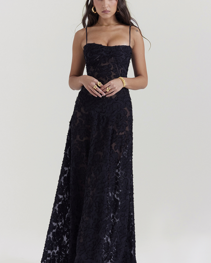 Front view of women's black floral corset maxi dress, showcasing the full skirt and textured floral details.