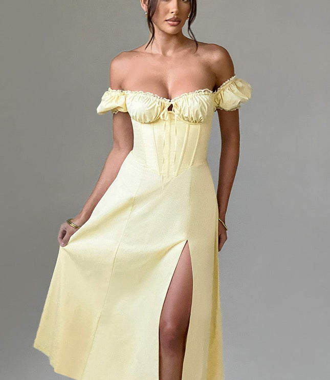 Women's light yellow off-shoulder puff sleeve corset midi dress, featuring a ruched bust and front split detail.