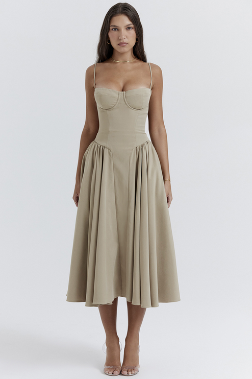 Front view of a women's light khaki sweetheart neck corset midi dress with a full skirt, ideal for summer events.