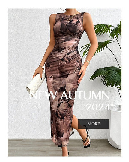 Full-length front view of a woman in a brown and black gradient print sleeveless midi dress, standing.