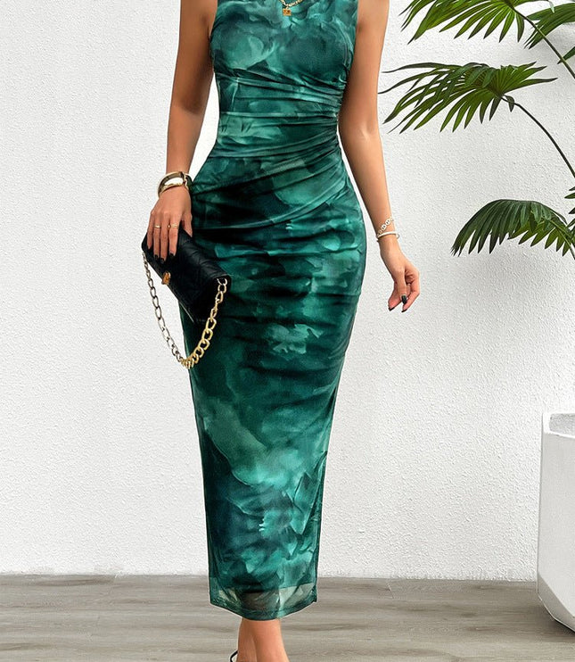 Front view of the women's summer gradient print midi dress, emphasizing the crew neckline and the unique color blend.