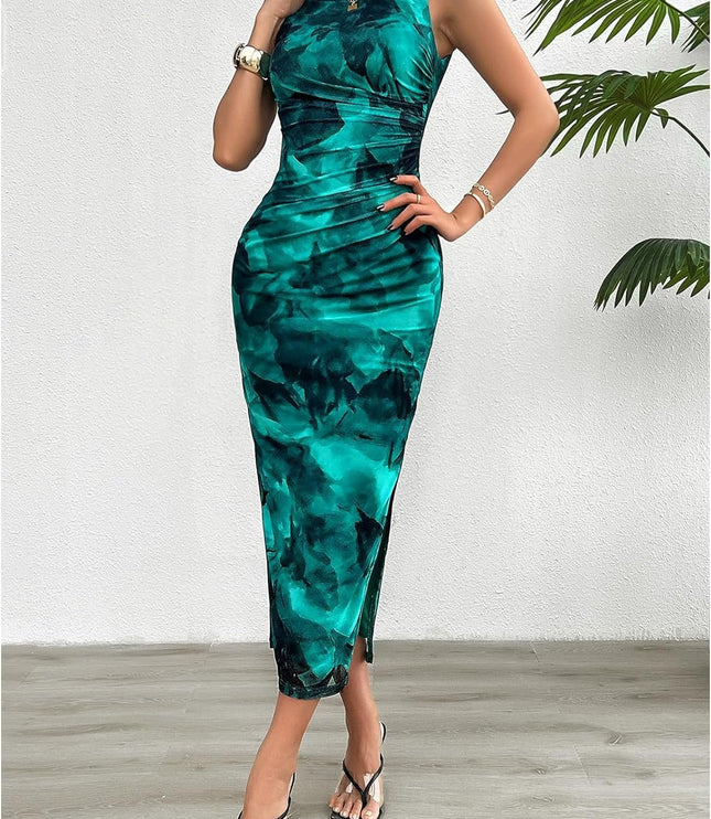 Sleeveless green gradient print crew neck midi dress with ruched detailing, paired with clear strap black heels.