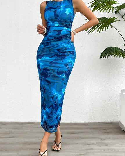 Front view of a women's summer gradient print crew neck midi dress in vibrant blue, ruched at the waist.