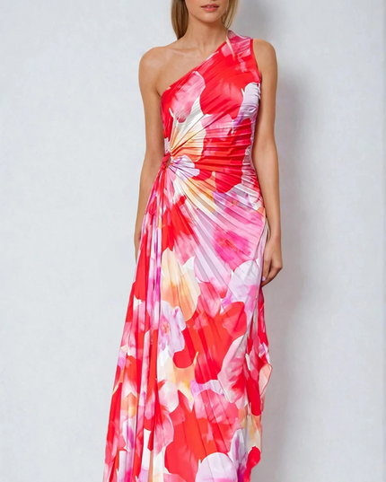 Women's elegant floral print one-shoulder maxi dress in red, pink, and white, with a cinched waist detail.