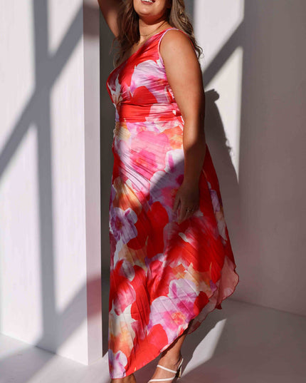 Women's floral print one-shoulder maxi dress in red and pink, with a silhouette and pleated details.