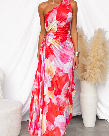 Front view of women's floral print one-shoulder maxi dress, showcasing the full length and elegant design.