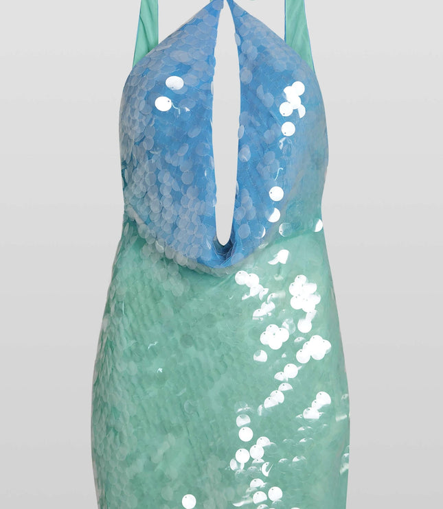 Studio shot of the women's sequin halter neck cut out mini dress, highlighting the blue and aqua sequins.