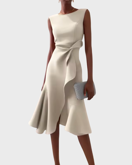 Creamy ivory sleeveless midi dress featuring an elegant draped asymmetric design, for wedding suits for women or formal events.