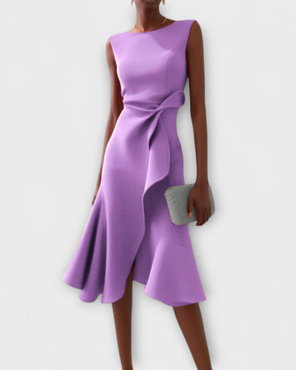 Vibrant lavender sleeveless midi dress with a modern draped asymmetric design, offering a chic look with its ruffled waist and flared hem.