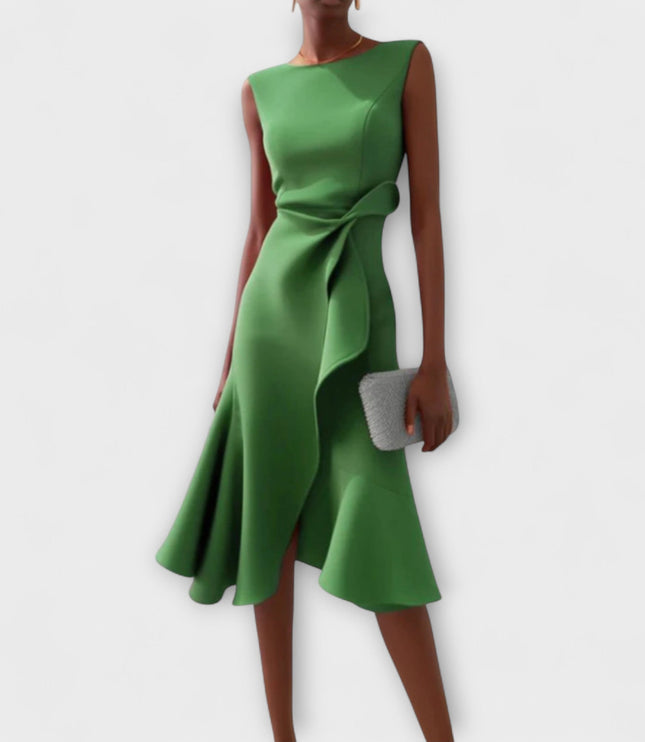Forest green sleeveless midi dress for women, designed with an elegant draped asymmetric silhouette and a decorative ruffle detail on the side.