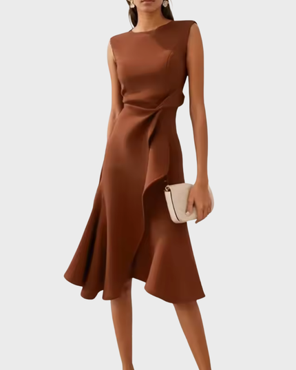 Rich brown sleeveless midi dress for women, designed with a sophisticated draped asymmetric silhouette and a chic ruffled detail at the waist.