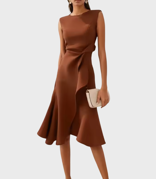 Rich brown sleeveless midi dress for women, designed with a sophisticated draped asymmetric silhouette and a chic ruffled detail at the waist.