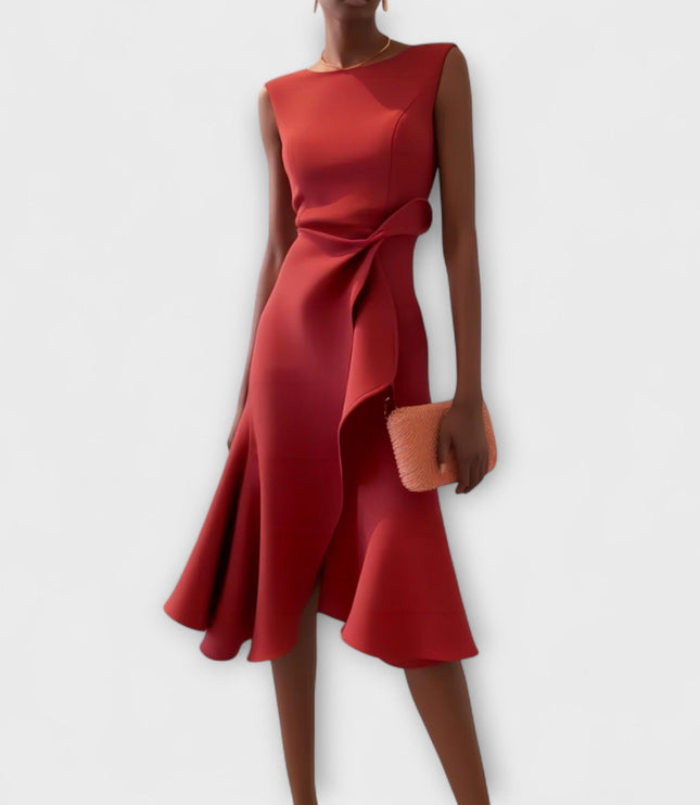 Sleeveless draped asymmetric midi dress in a rich red hue, featuring a ruffled waist detail and flared hem, for formal occasions.