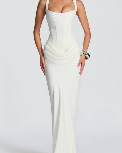 Front view of a white square neck draped corset maxi dress for women, featuring a fitted bodice and flowing skirt.