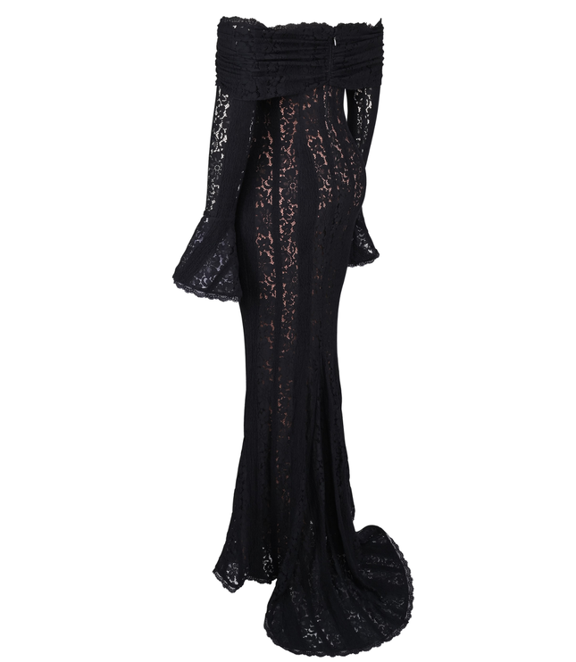 Studio shot of a women's black off-shoulder floral lace maxi dress, back view, highlighting the train and lace detail.