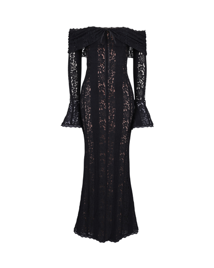 Studio shot of a women's black off-shoulder floral lace maxi dress, front view, showcasing the full garment.