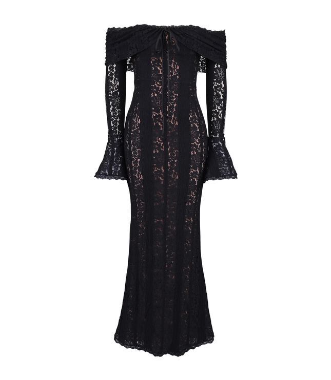 Studio shot of a women's black off-shoulder floral lace maxi dress, front view, showcasing the full garment.