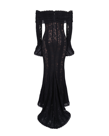 Black off-shoulder floral lace maxi dress for women, featuring long sleeves with flared cuffs and a flowing train, ideal for prom or formal events.