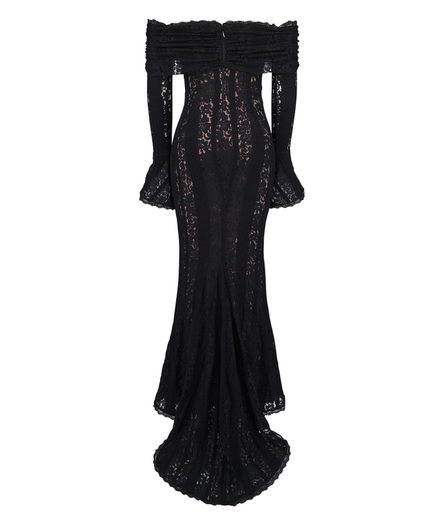 Black off-shoulder floral lace maxi dress for women, featuring long sleeves with flared cuffs and a flowing train, ideal for prom or formal events.