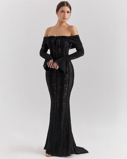 Front view of a women's black off-shoulder floral lace maxi dress, highlighting the fitted bodice and long bell sleeves.