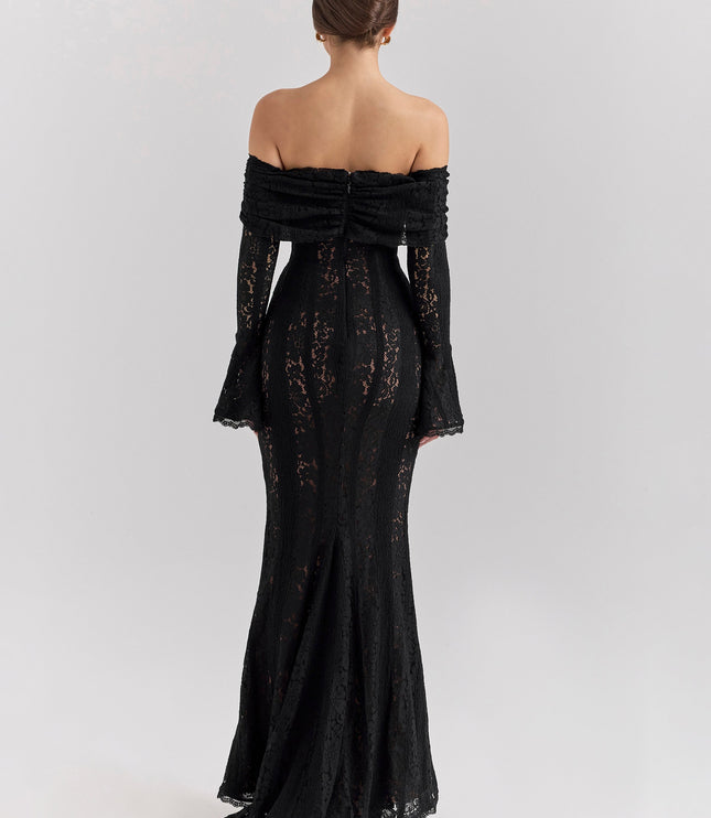 Back view of a women's black off-shoulder floral lace maxi dress, showcasing the elegant train and fitted silhouette.