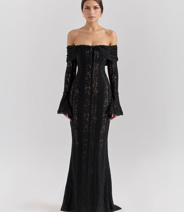Full-length view of a women's black off-shoulder floral lace maxi dress with long bell sleeves, for prom.