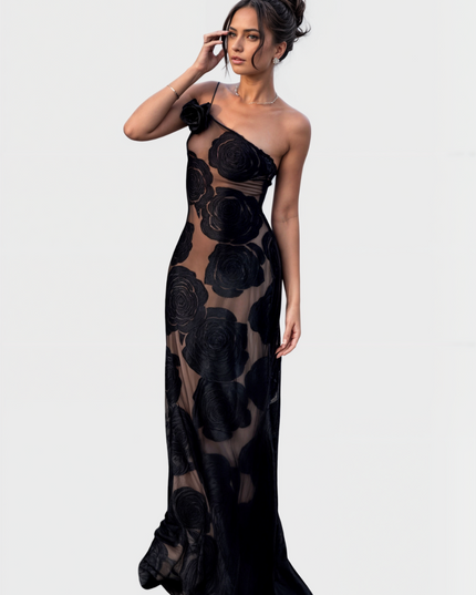 Full-length view of the women's one-shoulder black rose floral maxi dress, featuring a single strap and elegant design.