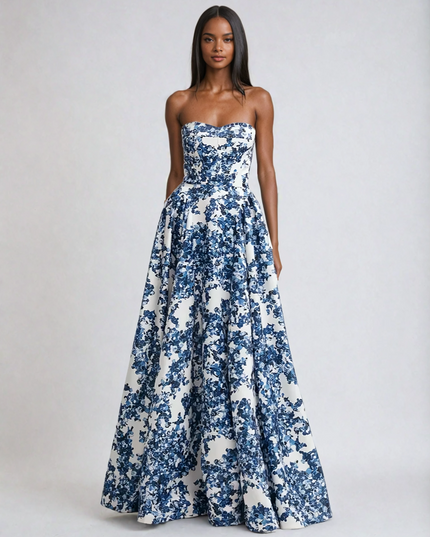 Front view of a women's elegant strapless floral maxi dress in a vibrant blue and white pattern, suitable for formal events.