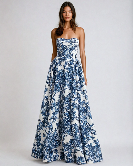 Full body shot of a women's strapless formal maxi dress, adorned with a large blue floral print on a white background.