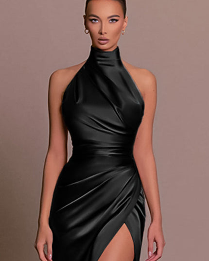Detailed view of the black formal maxi dress, showcasing the high neck halter and intricate satin draping.