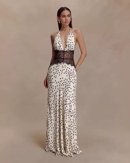 Elegant women's polka dot halter neck lace maxi dress, full body view, for evening wear or special occasions.