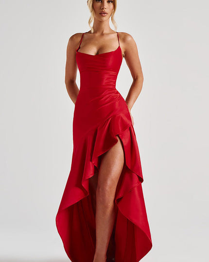 Vibrant red cowl neck high low maxi dress, for prom, with a dramatic ruffled skirt.
