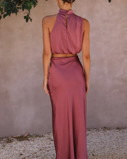 Rear view of the plum satin two-piece maxi set, showcasing the smooth fabric and design for women's wedding attire.