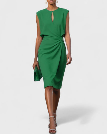 Vibrant green sleeveless midi dress with a round neck keyhole and a chic draped waist, a unique option for pant suits for women.