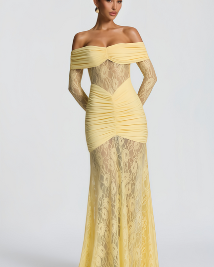 Full-length women's off-shoulder maxi dress in light yellow with ruched bodice and intricate lace paneling.