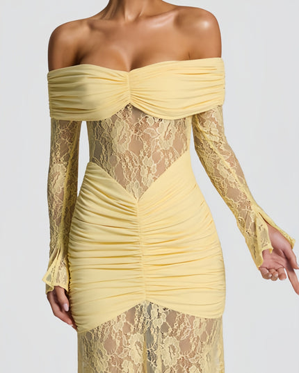Close-up of the women's yellow off-shoulder maxi dress, highlighting the ruched bust and waist with sheer lace details.