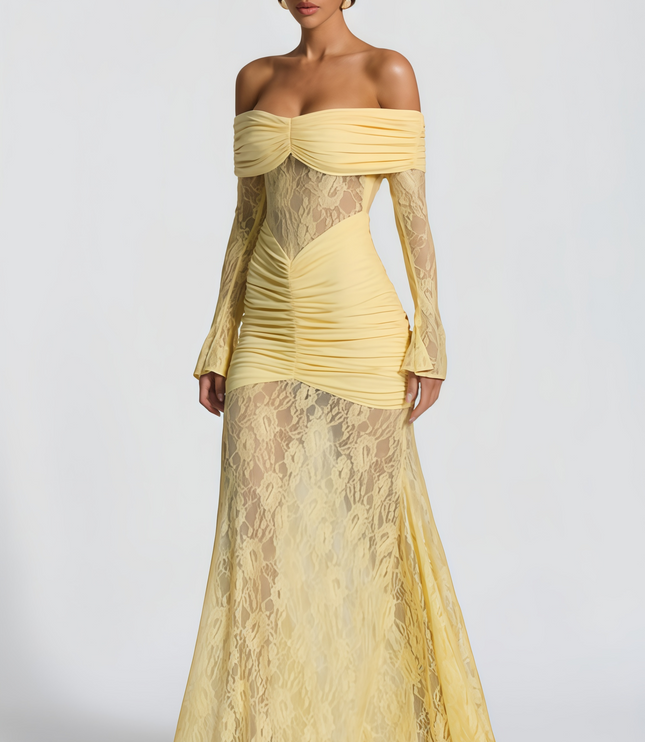 Front view of the women's light yellow off-shoulder ruched lace panel maxi dress, featuring long lace sleeves.
