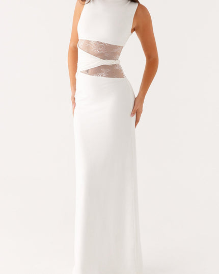 Sleeveless white crew neck maxi dress for women, featuring elegant lace panel cutouts at the waist.