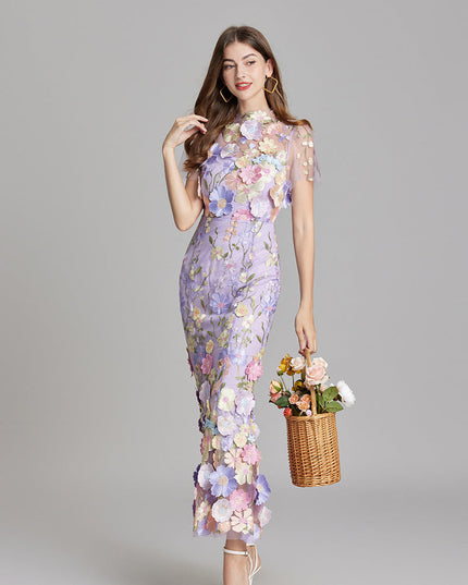 Elegant women's lavender floral embroidered sheer maxi prom dress, showcasing the intricate flower details and sheer fabric.