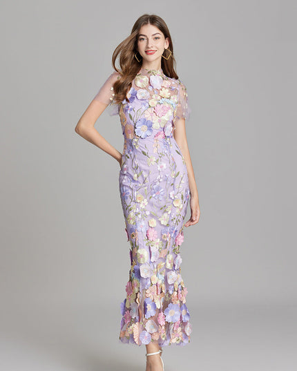 Women's lavender floral embroidered sheer maxi dress with short sleeves, a sophisticated prom dress option.