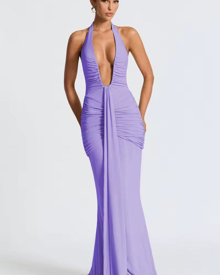 Full front view of a women's lavender deep V halter ruched mermaid maxi dress, highlighting the elegant drape.