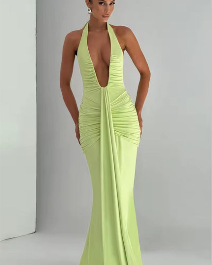 Light green deep V halter ruched mermaid maxi dress, with a dramatic deep V-neck and ruched details along the body.