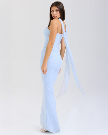 Back view of light blue strapless mesh ruched maxi dress with flowing sheer fabric detail