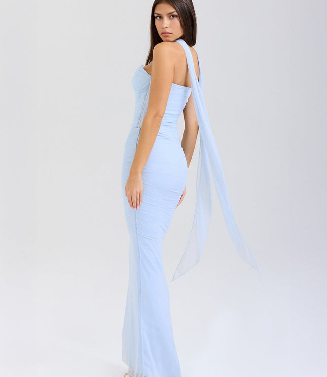 Back view of light blue strapless mesh ruched maxi dress with flowing sheer fabric detail