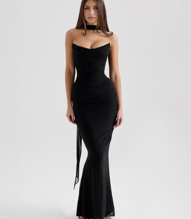 Front view of a black strapless mesh ruched maxi dress, featuring a high choker detail and body-hugging fit.
