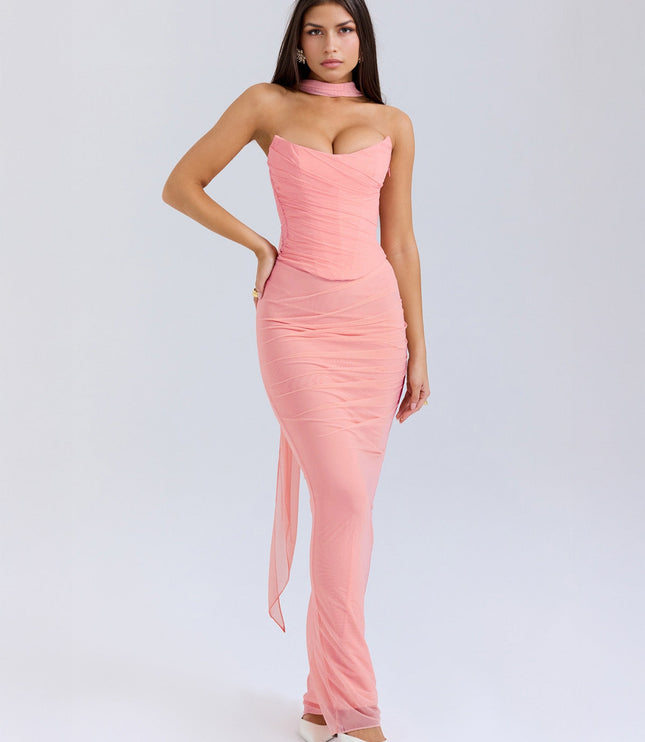 Front view of the women's pink strapless mesh ruched maxi dress, highlighting the elegant silhouette and draped fabric.