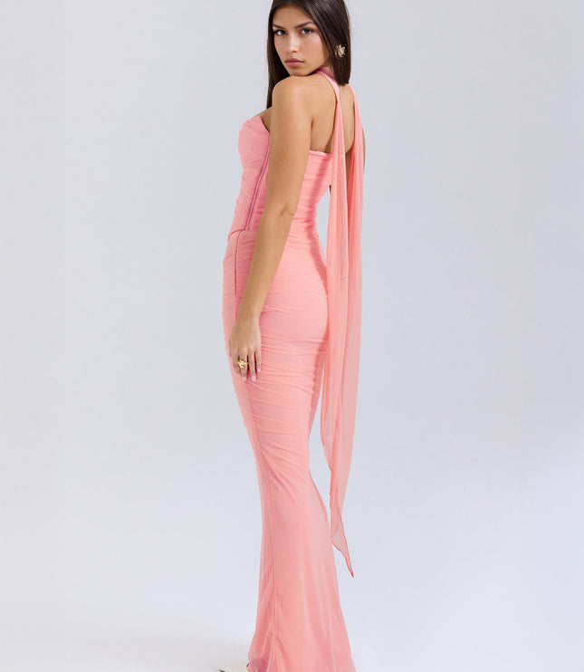 Back view of the pink strapless mesh ruched maxi dress, the long, flowing fabric from the back of the neck.