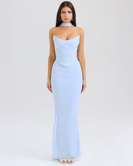 Full-length view of a light blue strapless mesh ruched maxi dress, ideal for wedding suits for women.