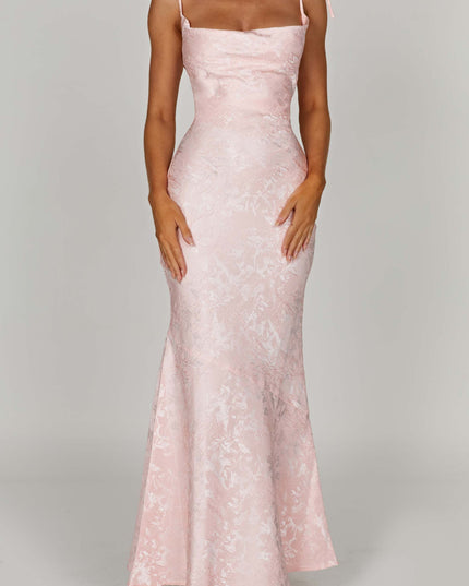 Full-length women's pink floral maxi dress with tie straps and off-shoulder neckline, featuring a fitted bodice and flowing skirt.
